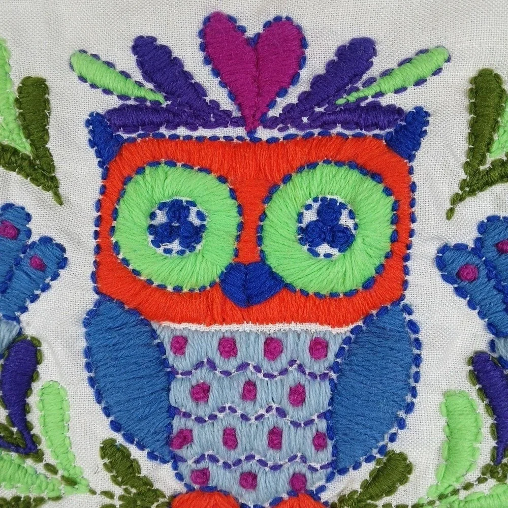 Vintage Embroidered Owl Crewel Pillow Cover 15x15 White Boho Decor